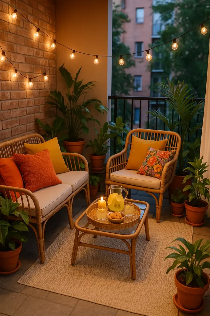 Small urban balcony with rattan furniture, colorful cushions, string lights overhead, potted tropical plants, a tray with lemonade and snacks on the table, and a light outdoor rug underfoot.
