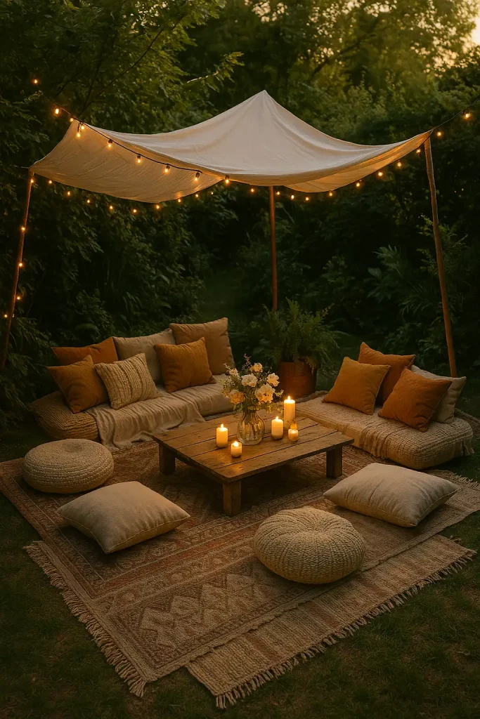 Boho-style backyard lounge area with layered rugs, floor cushions, a canopy made from linen fabric, fairy lights, low wooden table with candles and flowers, surrounded by greenery.