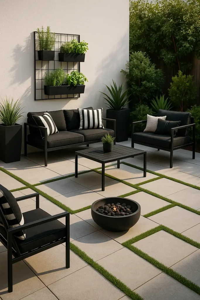 Modern patio with black metal furniture, monochrome cushions, concrete pavers with grass in between, minimalist planters, a small fire pit, and a vertical herb garden against the wall.