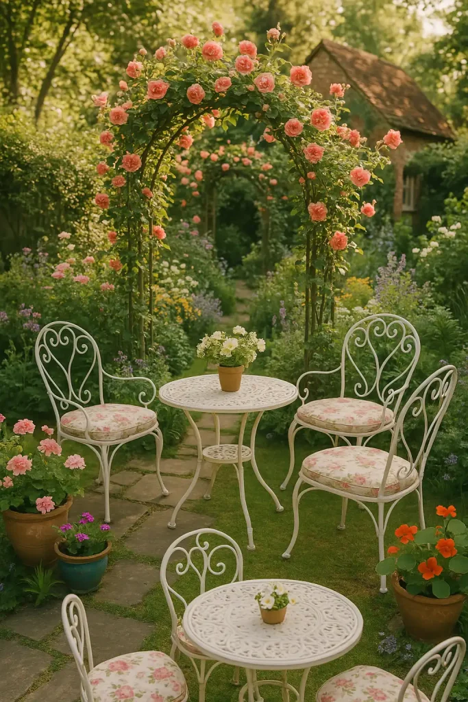 Quaint cottage garden with white wrought iron furniture, floral seat cushions, climbing roses on an arch trellis, mismatched ceramic pots with colorful flowers, and dappled sunlight through trees.