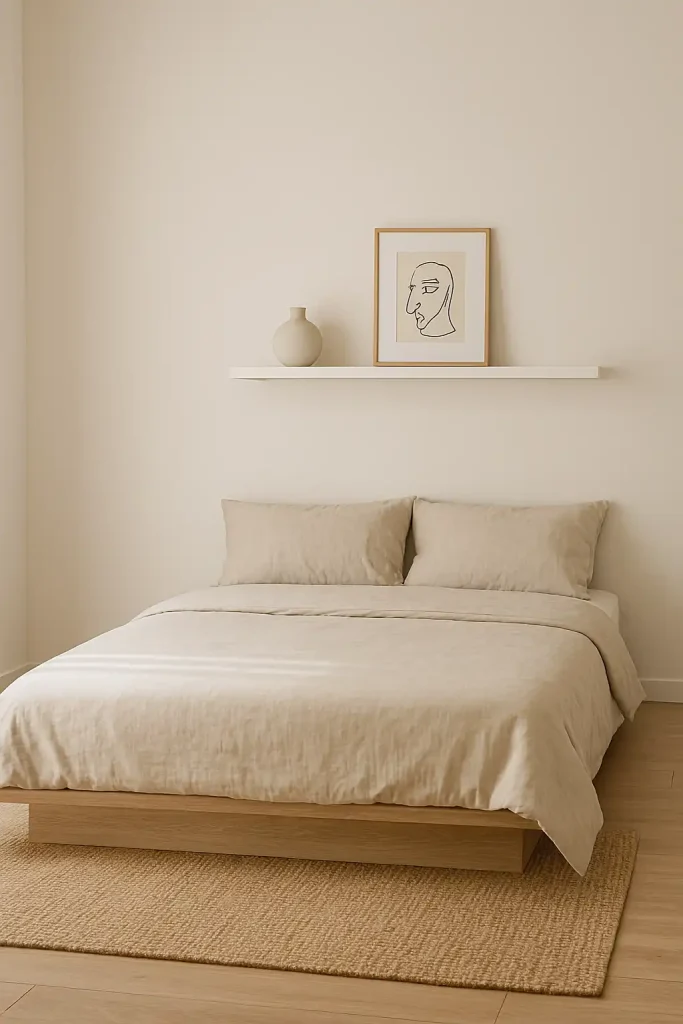 Minimalist bedroom with white walls, low-profile platform bed with beige linen bedding, a single floating shelf above the bed with a ceramic vase and a framed line-art print, wooden flooring, and a woven jute rug.