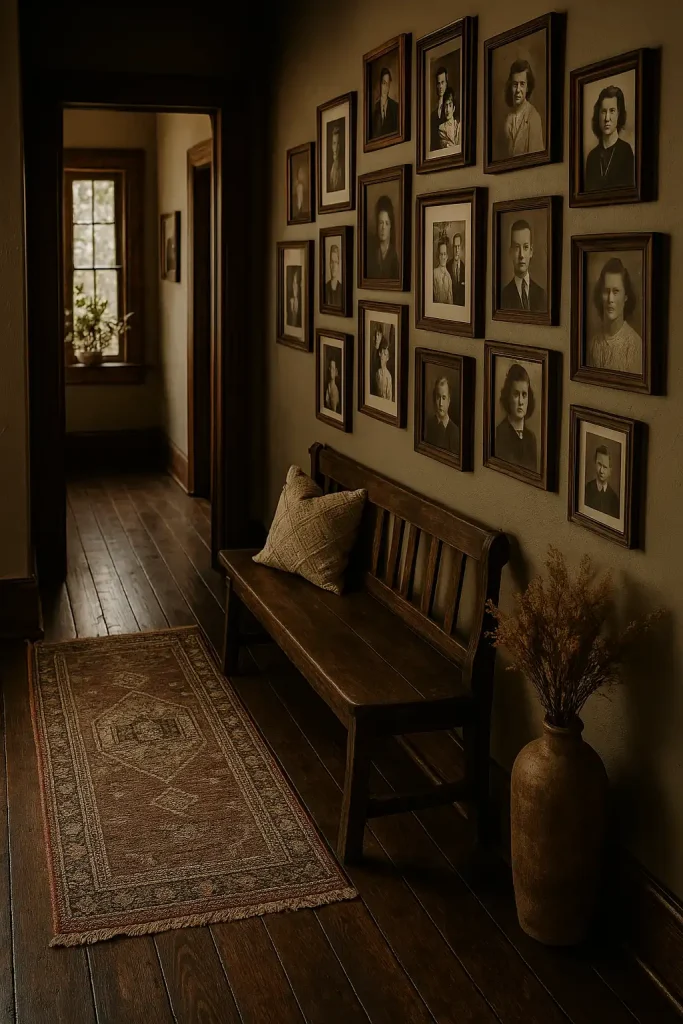 Rustic hallway with dark wood floors, vintage runner rug, gallery wall of black and white family photos in mismatched frames, antique bench with throw pillows, and a tall floor vase with dried flowers.