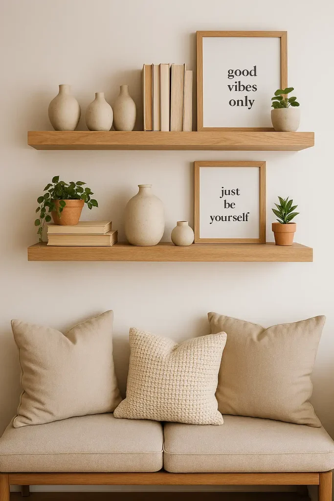 Floating wooden shelves on a white wall, styled with DIY vases, thrifted books, small potted plants, and framed printable quotes, next to a cozy reading nook with neutral cushions.