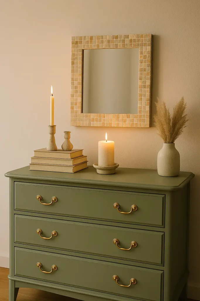 Corner with a painted vintage dresser in sage green, gold hardware added, styled with stacked books, handmade candle holders, and a DIY mirror frame with mosaic tiles, under soft ambient lighting.