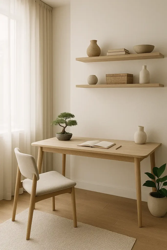Peaceful Japandi-style home office with light wood desk, low-profile chair, white walls, bonsai plant, linen curtains, open shelving with natural decor pieces, and soft sunlight creating a serene workspace.