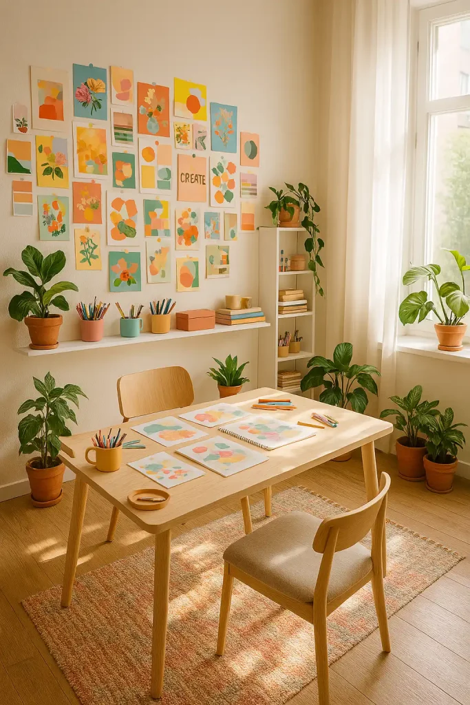 Bright creative workspace with colorful mood board on the wall, art supplies on an open shelf, large desk with scattered sketchbooks, cozy rug underfoot, lots of natural light and indoor plants.