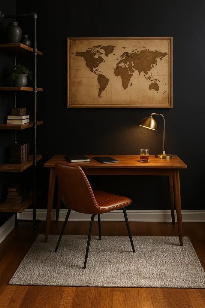 Sleek home office corner with black accent wall, walnut wood desk, leather chair, industrial shelving, vintage map art, gold desk lamp, and a glass of whiskey for late-night work vibes.