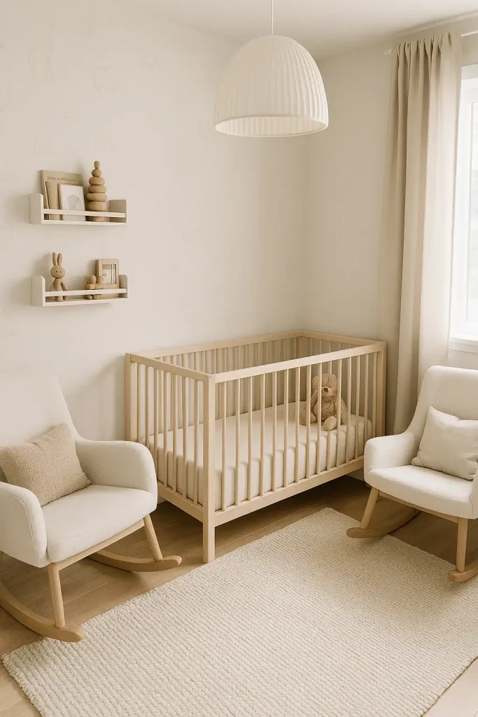 Soft Scandinavian nursery with neutral tones, light wood crib, animal print wallpaper, plush teddy bear, minimalist bookshelf with wooden toys, and a cozy rocking chair in the corner.