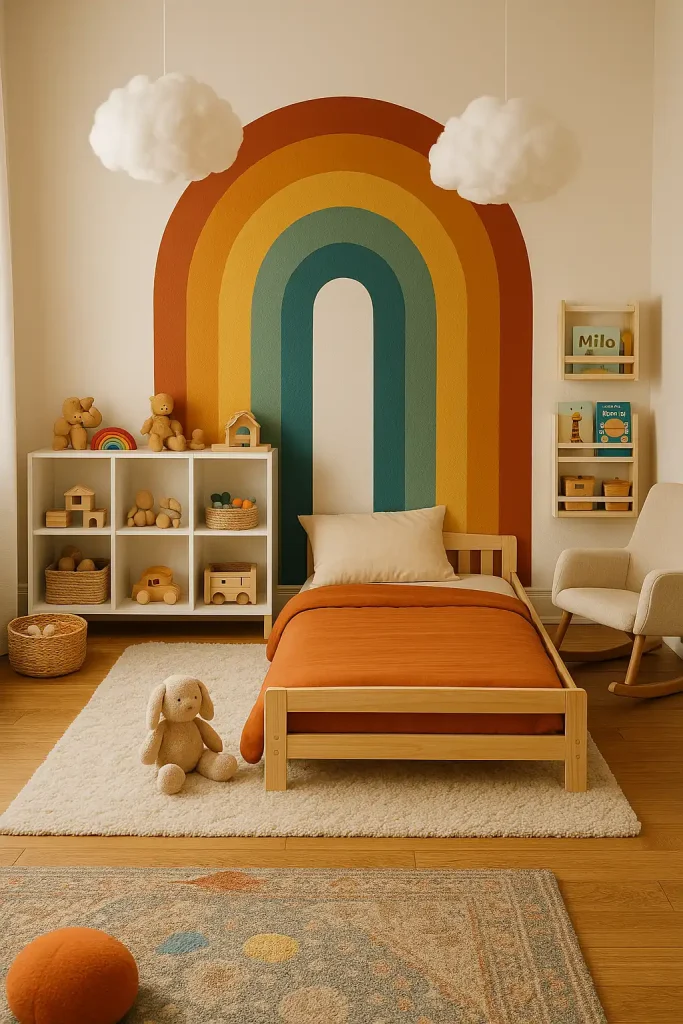 Vibrant toddler bedroom with a floor bed, low open toy shelves, a rainbow wall mural, soft rug for play, hanging cloud lights, and bins for toy rotation — all designed for independence and creativity.