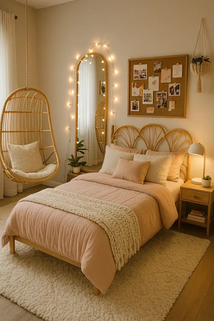 Trendy teenage girl's room with boho touches, string lights around the mirror, rattan headboard, hanging chair, pastel bedding, cork board with photos and notes, and cozy aesthetic vibes.