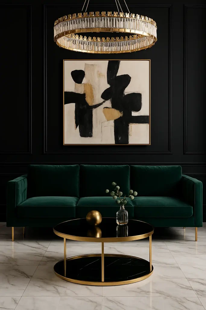 Luxurious modern glam living room with velvet emerald green couch, gold accents on coffee table and decor, abstract wall art, glossy marble floors, oversized chandelier, and a sophisticated color palette of black, white, and gold.