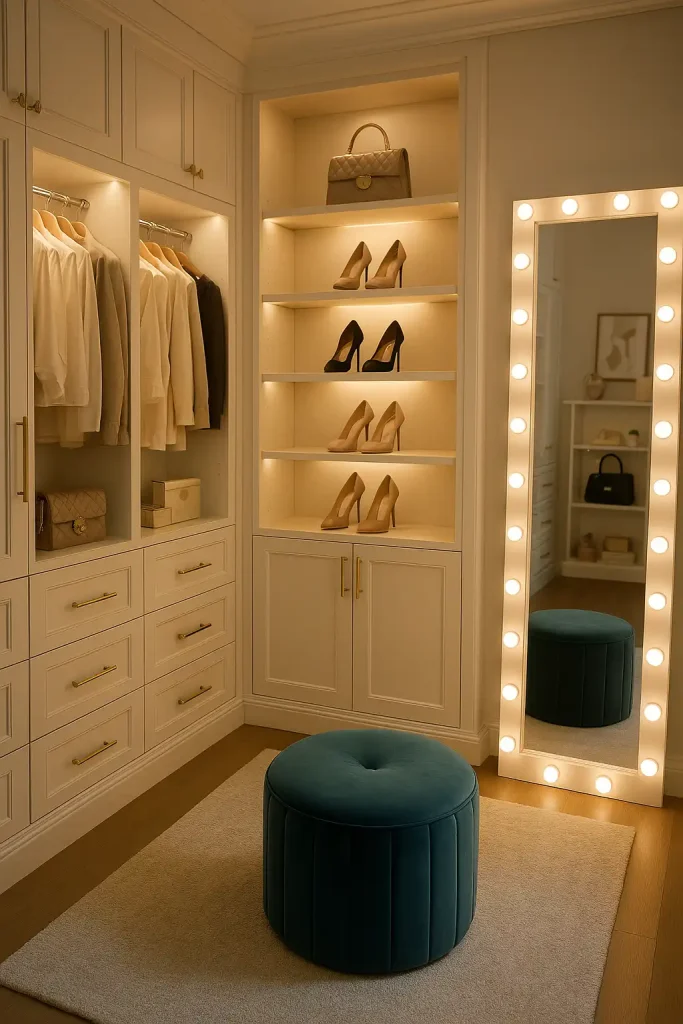 Elegant walk-in closet with white cabinetry, backlit shoe shelves, velvet pouf in the center, gold drawer handles, and a full-length mirror with Hollywood lights, showcasing luxury handbags and accessories.
