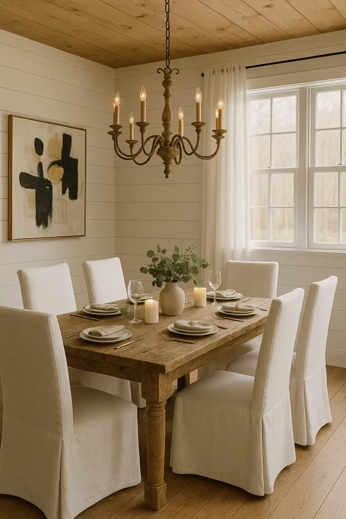Warm rustic dining room with reclaimed wood dining table, white slip-covered chairs, antique chandelier, shiplap walls, neutral table setting with candles and eucalyptus, and large windows with sheer white curtains.