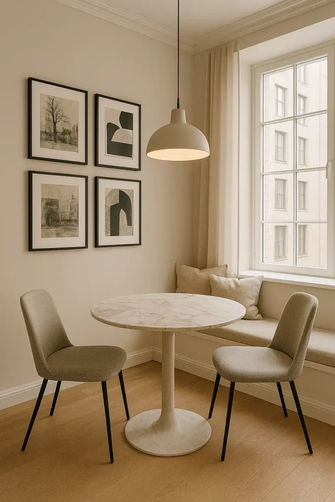 Compact contemporary dining nook in an apartment, round marble table with two modern chairs, gallery wall with black and white framed prints, cozy window seat with cushions, soft pendant lighting overhead