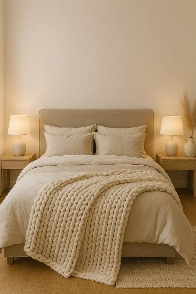 Peaceful neutral-toned bedroom with layered linens in beige and white, oversized knit blanket, upholstered headboard, minimal decor, soft lighting from bedside lamps, pampas grass in a ceramic vase, and hardwood floors.