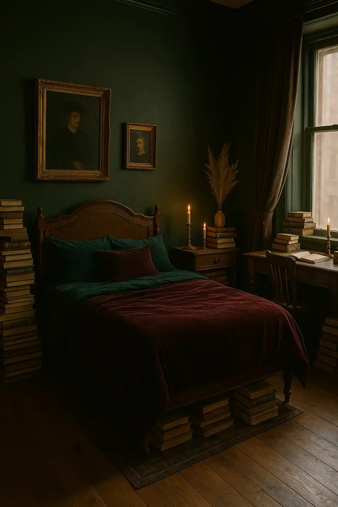Dramatic dark academia bedroom with deep green walls, vintage wooden furniture, books stacked everywhere, velvet bedding in deep jewel tones, oil paintings and candles, antique desk by the window.