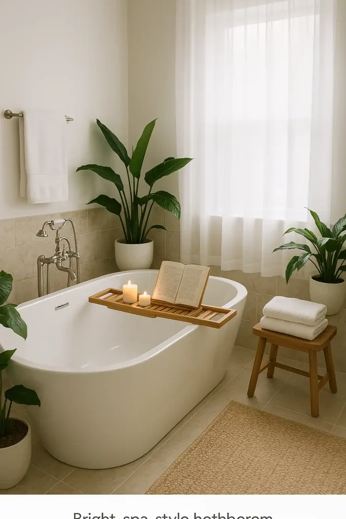 Bright, spa-style bathroom with freestanding bathtub, bamboo bath tray with candles and a book, soft white towels, tropical plants, natural stone accents, and soft diffused lighting.
