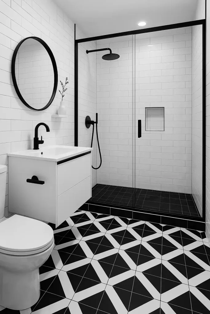 High-contrast black and white bathroom with geometric tile flooring, sleek matte black fixtures, glass shower enclosure, white subway tile walls, and minimal modern decor.