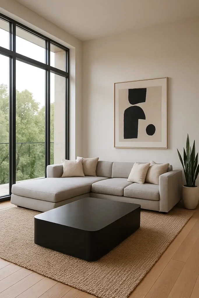 A spacious living room with large floor-to-ceiling windows, neutral color palette (white, beige, gray), a low-profile gray sectional sofa with throw pillows, sleek matte black coffee table, abstract wall art, hardwood floors with a textured jute rug, potted snake plant in the corner, warm natural daylight.