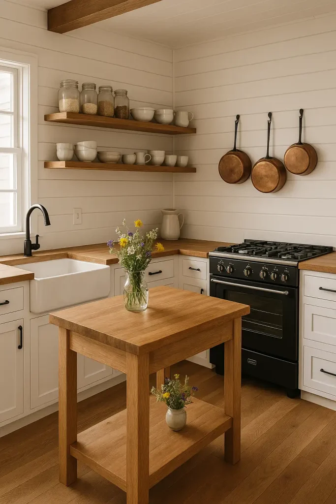 White shiplap walls, apron-front sink, butcher block countertops, open wood shelves with mason jars and ceramics, vintage-style range cooker, white cabinets with black handles, hanging copper pots, and bouquet of wildflowers on the island.