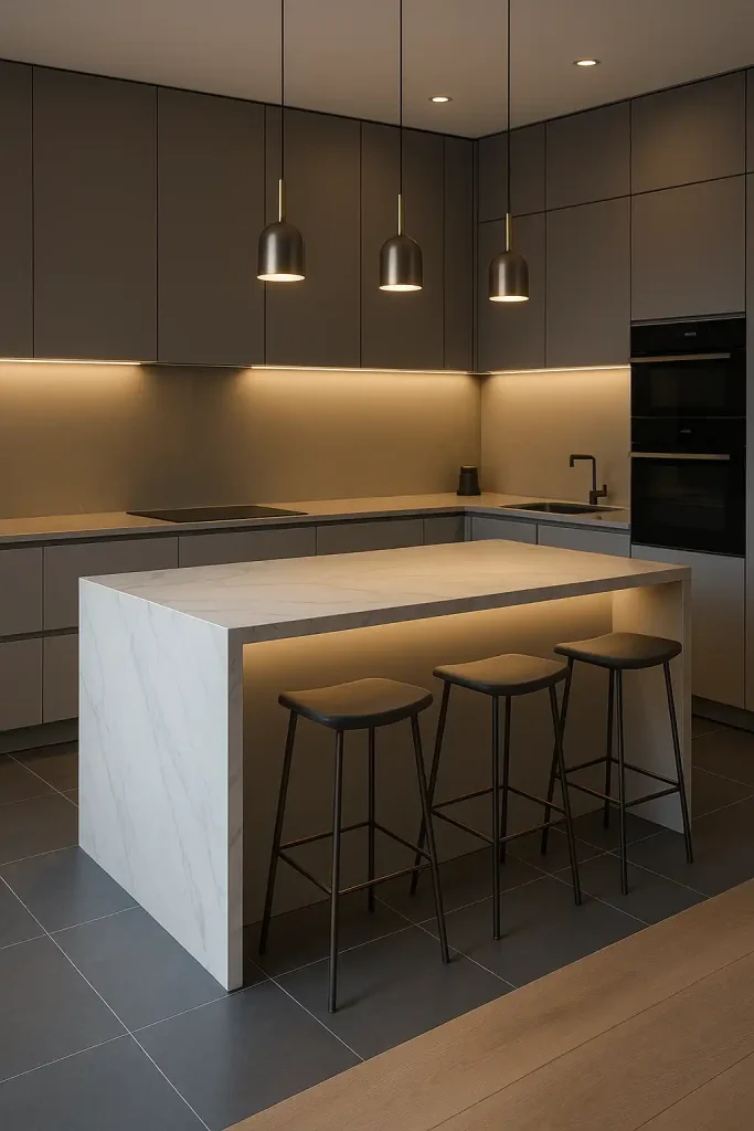 Sleek handleless cabinets in matte grey, waterfall quartz island with integrated lighting, minimalist bar stools, pendant lights with metallic accents, built-in appliances, and under-cabinet LED strip lights illuminating a glossy backsplash.