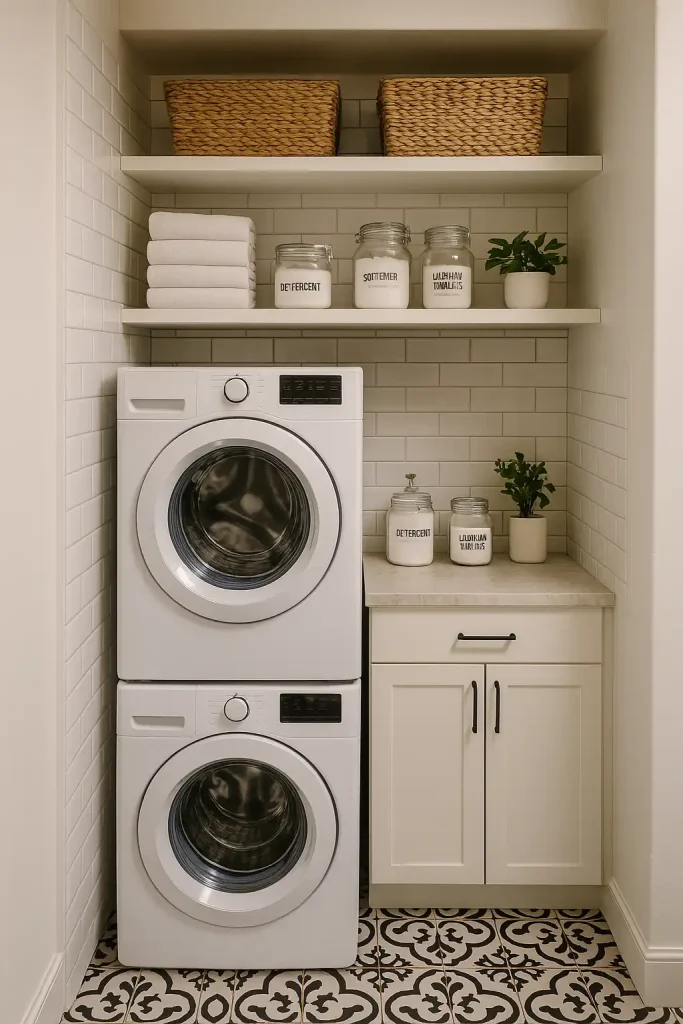 Stackable washer and dryer in a small nook, white subway tile backsplash, open shelves with neatly folded towels and woven baskets, labeled glass jars for detergent, small potted plant, and black-and-white patterned floor tiles.