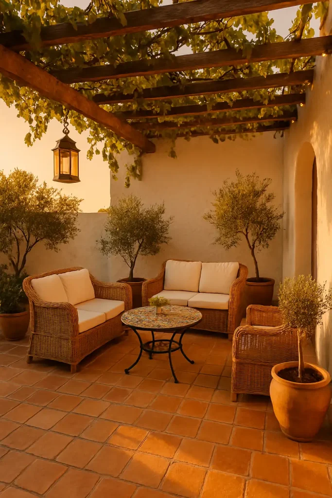 Terracotta tiled floor, white stucco walls, wooden pergola with climbing vines, wicker furniture with white cushions, colorful mosaic table, olive trees in clay pots, hanging lanterns, and golden hour lighting.