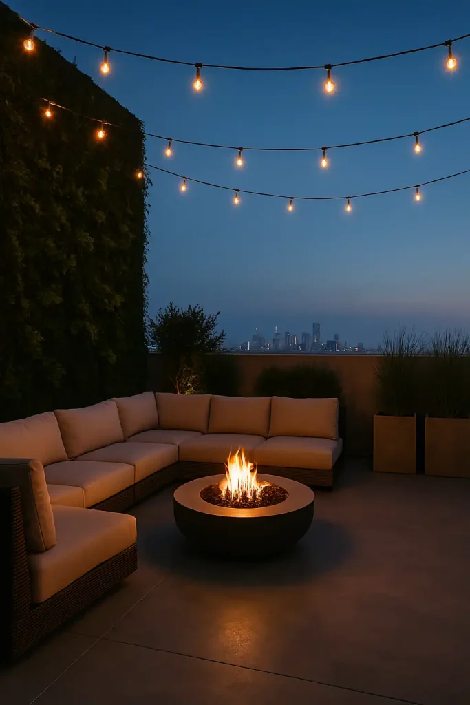 Sleek concrete flooring, low modular outdoor sofa with neutral cushions, fire pit in the center, string lights overhead, vertical garden wall, minimalistic planters with tall grasses, and skyline view at twilight.