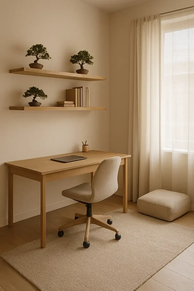 A clutter-free workspace with a natural wood desk, floating shelves holding small bonsai trees and books, neutral-toned ergonomic chair, soft linen curtains, floor cushion in the corner for meditation, textured area rug, and soft natural daylight through sheer blinds.