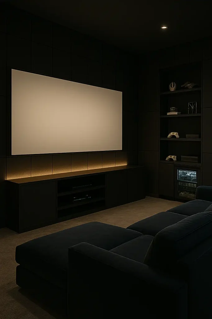 Dark charcoal walls with soundproof paneling, large sectional in deep navy velvet, wall-mounted ultra-wide screen, ambient LED strip lighting behind the screen, a mini-fridge built into a sleek black cabinet, built-in shelving with collectibles and consoles, soft gray carpeting.