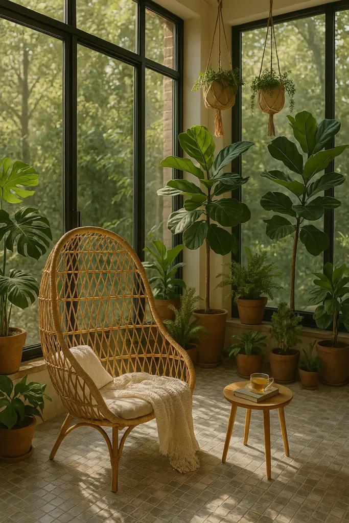 Floor-to-ceiling glass windows, variety of lush indoor plants (monstera, fiddle leaf fig, ferns), rattan egg chair with throw blanket, mosaic tile floor, hanging macramé planters, small side table with a book and herbal tea, and morning sun casting dappled light through leaves.