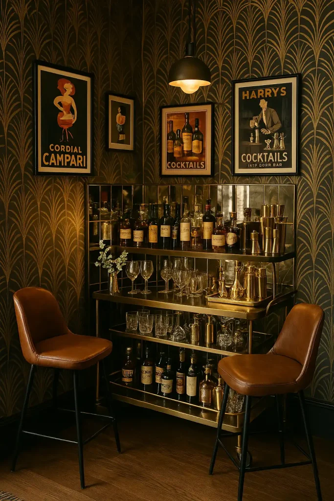 A corner bar with art deco-inspired wallpaper, mirrored backsplash, brass bar cart with crystal glassware, moody pendant lighting, leather bar stools, framed vintage cocktail posters, and a shelf with classy liquor bottles and a gold cocktail shaker set.
