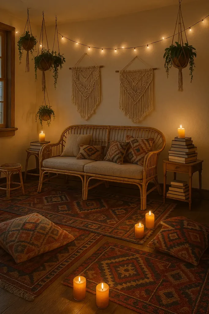 An eclectic living room with rattan furniture, macramé wall hangings, patterned kilim rugs, floor cushions, hanging plants from the ceiling, books stacked on mismatched side tables, string fairy lights, and a soft warm glow from multiple candles.