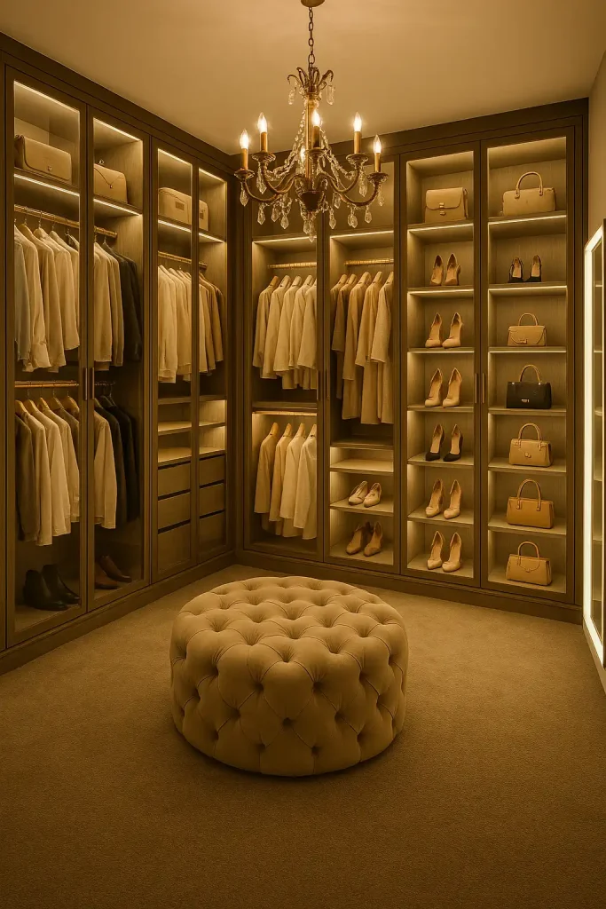 Spacious walk-in closet with backlit glass cabinets, color-coordinated clothing racks, soft beige carpet, tufted ottoman in the center, full-length mirror with LED lights, display shelves for designer shoes and handbags, and a chandelier casting a soft glow.