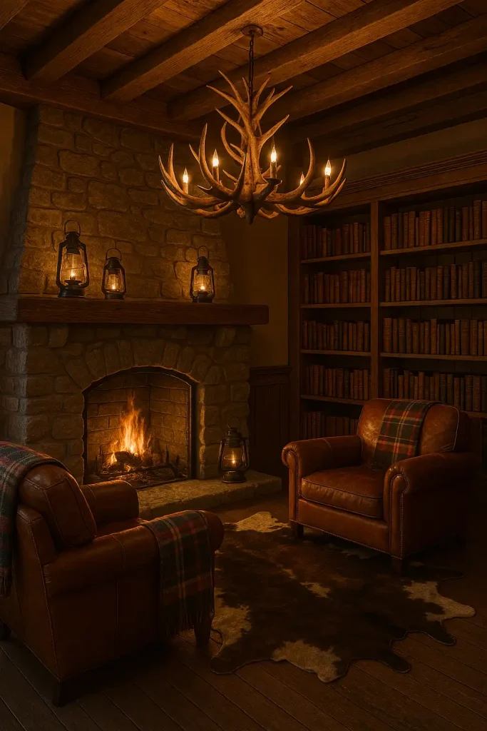A warm living space with exposed wooden beams, stone fireplace, leather armchairs with plaid throws, vintage lanterns on the mantle, bookshelf filled with antique books, cowhide rug, and low warm lighting from a chandelier made of antlers.