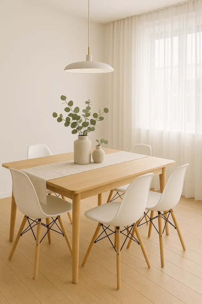 White walls, light oak dining table with white Eames chairs, minimalist pendant light above the table, ceramic vases with eucalyptus stems, linen table runner, floor-to-ceiling curtains in sheer white, light wood flooring, and natural light flooding in.