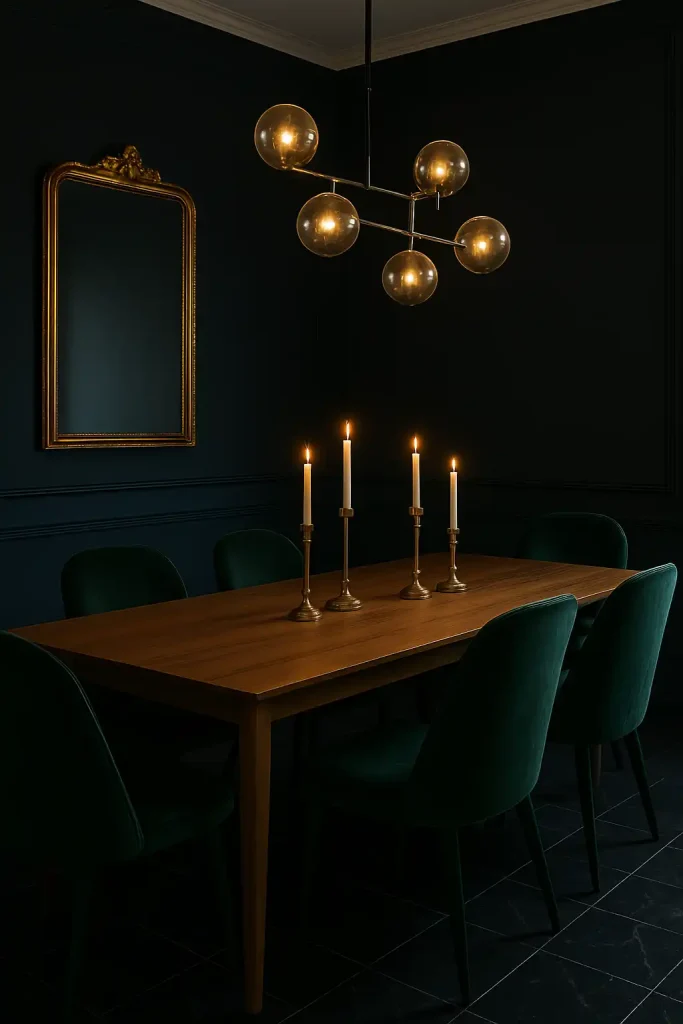 Dark navy walls, gold-framed mirror, velvet upholstered dining chairs in deep emerald green, a long walnut wood dining table, tall candlesticks, black marble flooring, ambient lighting from a modern chandelier with glass globes.