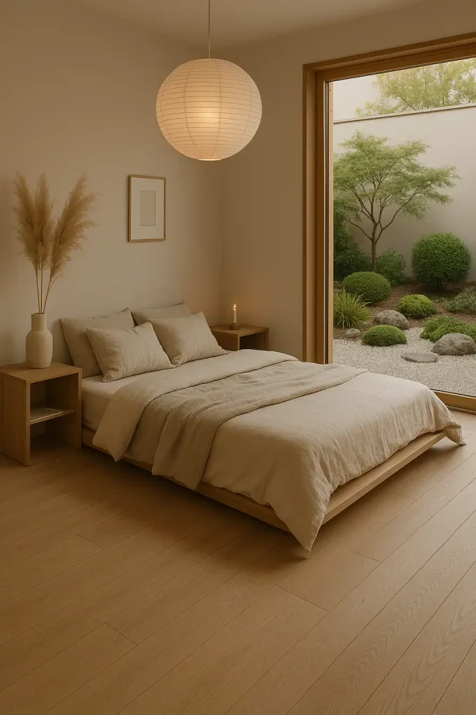 A serene bedroom with a low platform bed, neutral-toned bedding in soft linens, light wood nightstands, a paper lantern hanging light, tall pampas grass in a ceramic vase, minimal wall art, natural wood floors, and a view to a zen garden outside.