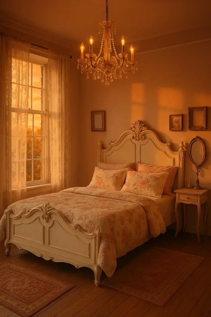 Soft pastel palette (dusty rose, cream), ornate white carved bed frame, floral bedding, vintage lace curtains, crystal chandelier, distressed wood vanity with oval mirror, antique picture frames, and warm sunset lighting casting golden hues.