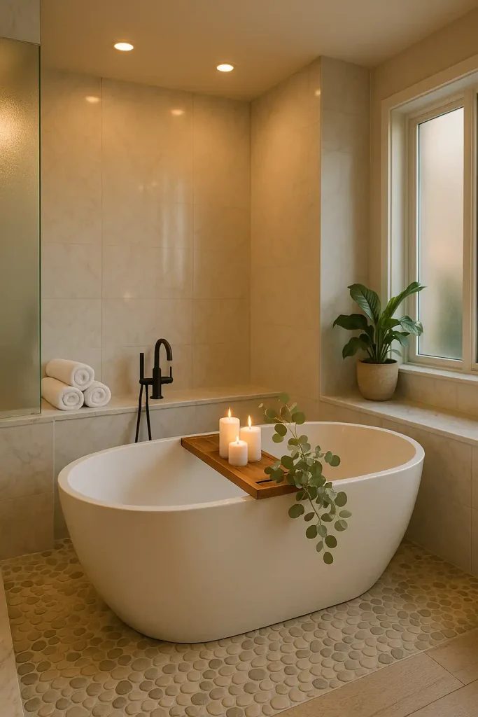 Marble countertops, freestanding white soaking tub with a wooden bath tray holding candles and eucalyptus, soft rolled towels stacked neatly, frosted glass shower, warm recessed lighting, indoor plant by the window, and pebbled floor tiles.