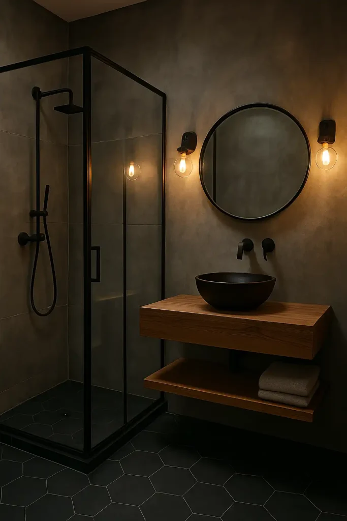Concrete walls, matte black fixtures, glass shower enclosure with black metal frame, floating wood vanity with vessel sink, Edison bulb sconces, large round mirror, and charcoal hex tile flooring.