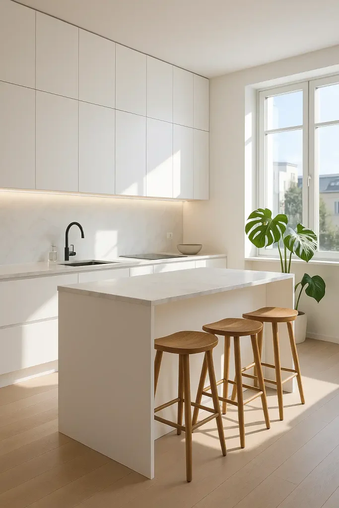 A sleek minimalist kitchen with all-white cabinetry, marble countertops, matte black fixtures, under-cabinet LED lighting, and wooden bar stools by a central island. Natural sunlight streaming through large windows, with a potted monstera plant in the corner