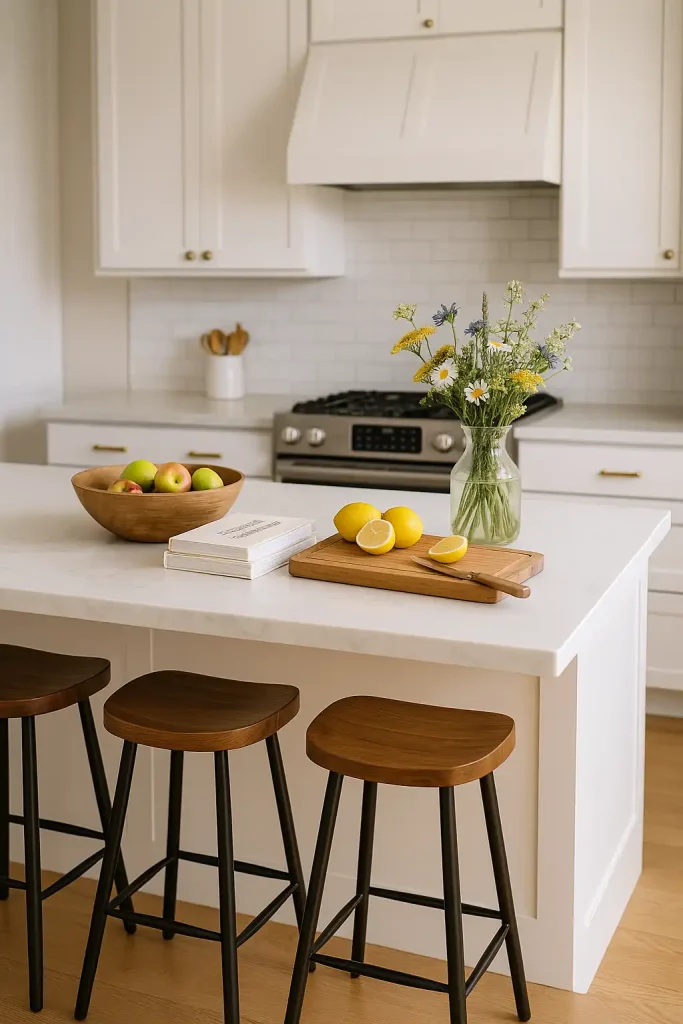 A large central kitchen island styled with a fruit bowl, a stack of cookbooks, a cutting board with lemons, and a vase of wildflowers. High-end bar stools tucked underneath.