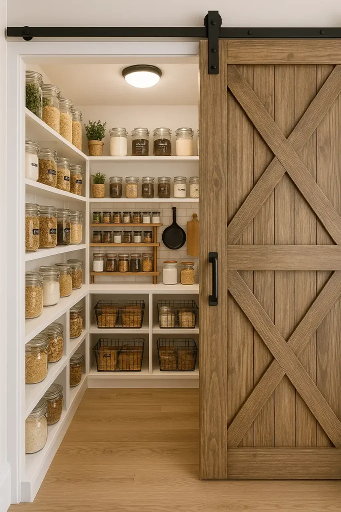 A beautifully organized walk-in pantry with clear glass containers labeled neatly, wire baskets with dry goods, tiered spice shelves, and a farmhouse sliding barn door.