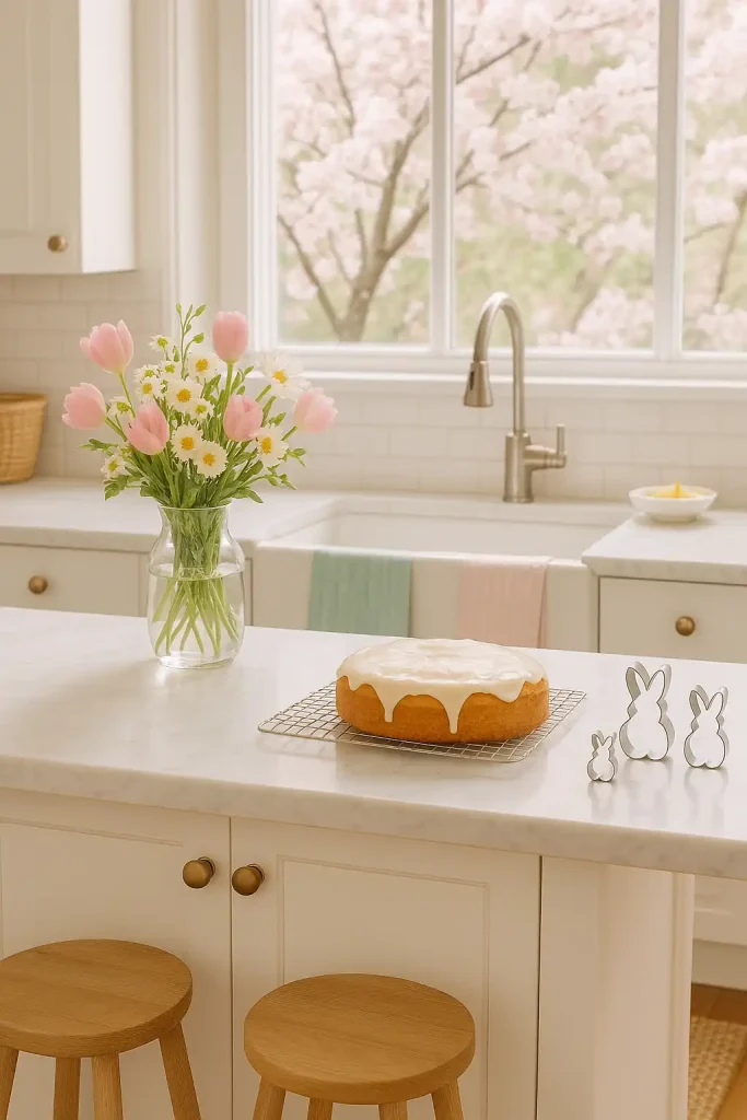A bright kitchen with spring florals in a vase, pastel dish towels, bunny-shaped cookie cutters on the counter, and a lemon cake cooling on a rack. Cherry blossoms outside the window.