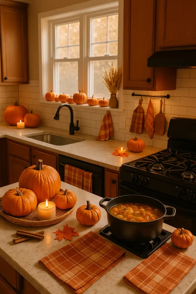 A warm-toned kitchen decorated for fall with pumpkins on the counter, cinnamon sticks and candles, plaid dish towels, and a Dutch oven on the stove cooking stew.