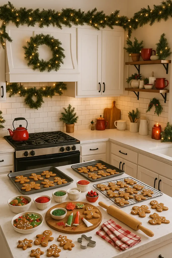 A festive Christmas kitchen with garlands over the cabinets, cookie decorating supplies laid out, a red kettle on the stove, and gingerbread cookies cooling on trays.