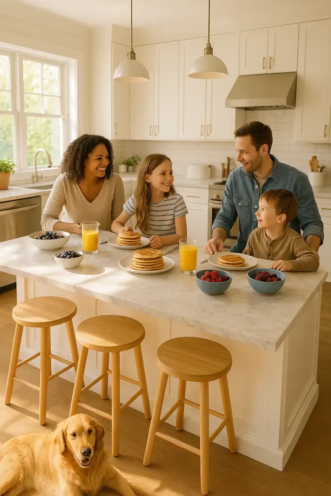 A sunlit kitchen with a family gathered around the island for breakfast, stacks of pancakes, bowls of berries, fresh orange juice, and a golden retriever laying on the floor beside the stools.