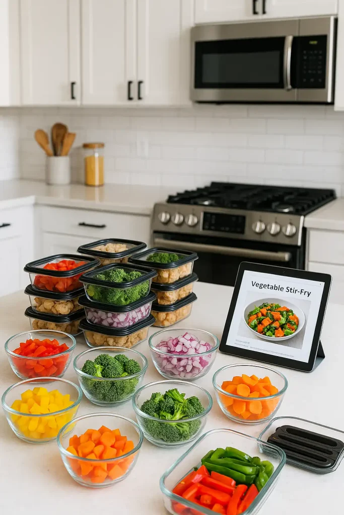 A modern kitchen with clean countertops filled with prepped ingredients: colorful chopped vegetables in glass bowls, meal containers stacked neatly, and a digital tablet open to a recipe.