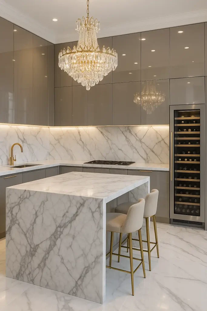 A luxurious kitchen with floor-to-ceiling marble walls and countertops, gold fixtures, high-gloss cabinets, a glass wine fridge, and a crystal chandelier above a breakfast bar.